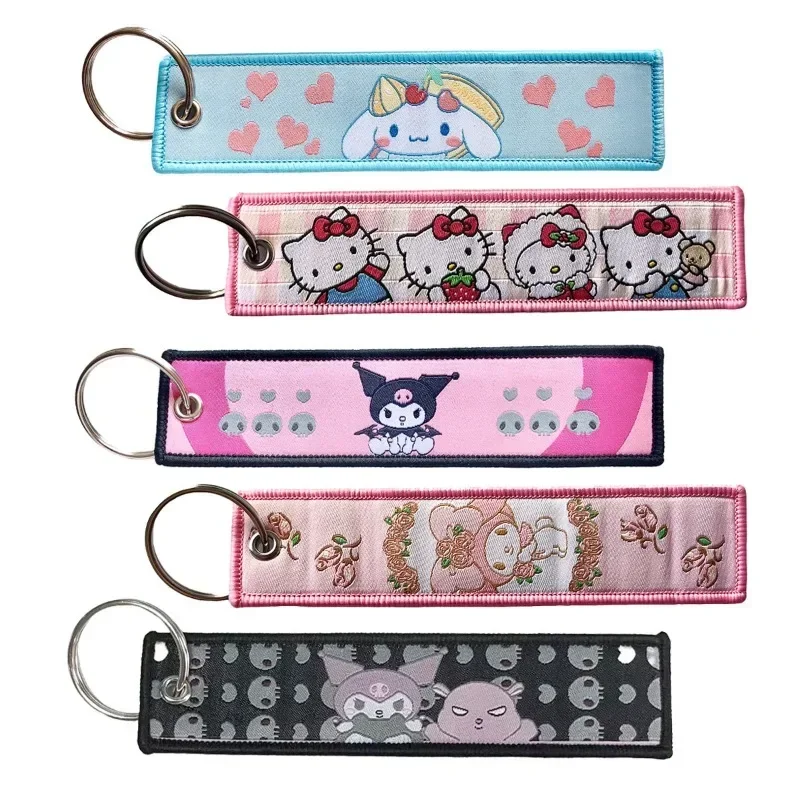 Anime cute cartoon Sanrio series cute Hello Kitty Kuromi Cinnamon roll woven mark double-sided embroidery key chain jewelry