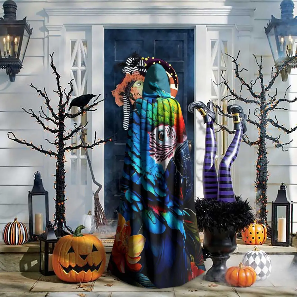 Black Retro Tropical Parrot Long Hooded Cloak Witch Medieval Costume Cosplay Cape HalloweenVampire Adult Unisex view 6