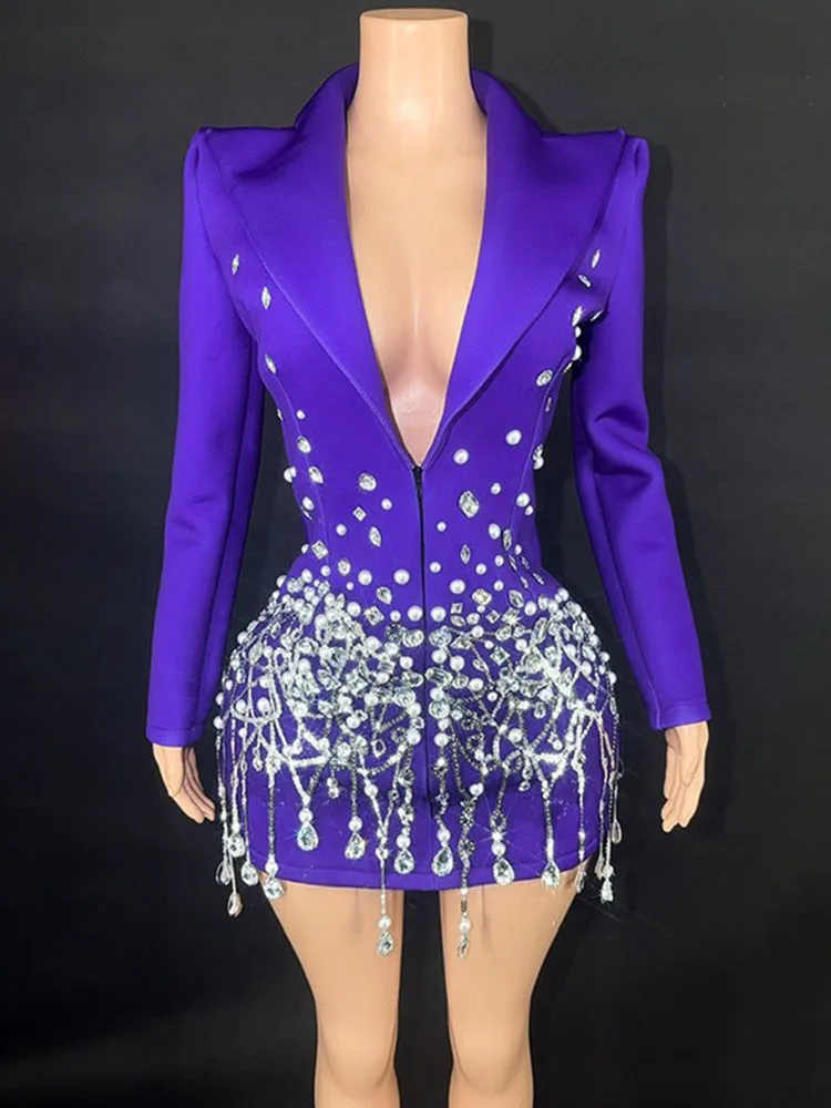 High Quality Rhinestone V-Neck Slim Fit Purple Suit Skirt 2024 New Fashion Custom Women'S Clothing