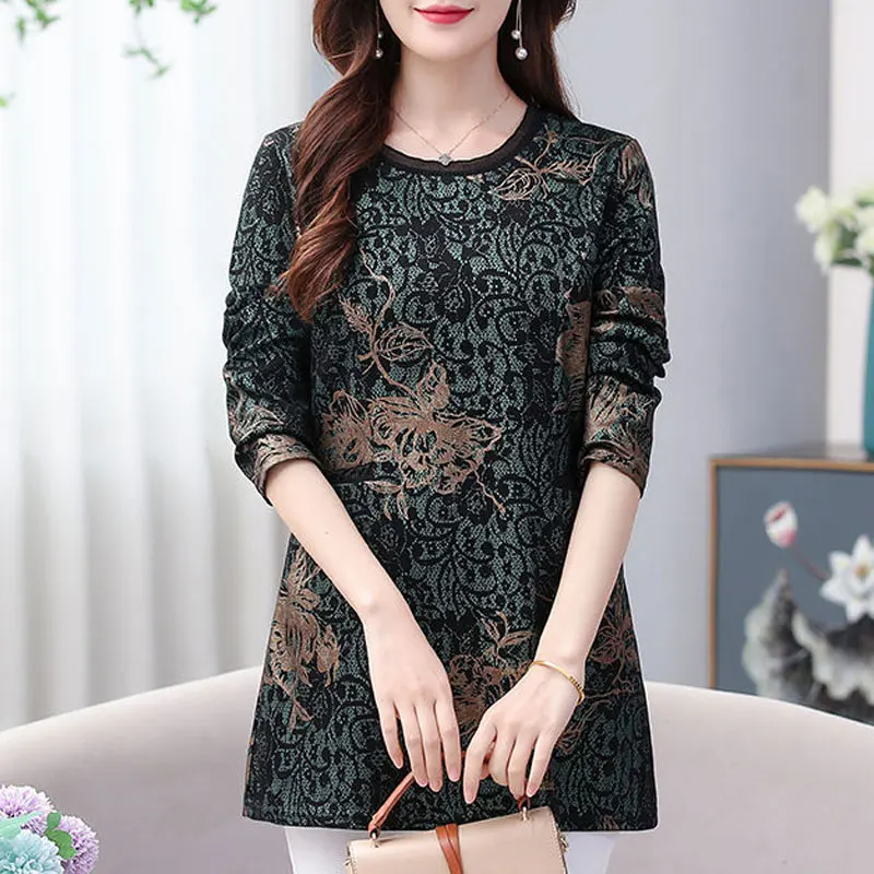 

Fashion Lace Spliced Pockets Pullovers Spring Autumn O-Neck Women's Clothing Long Sleeve Vintage Floral Printed Midi T-shirt New