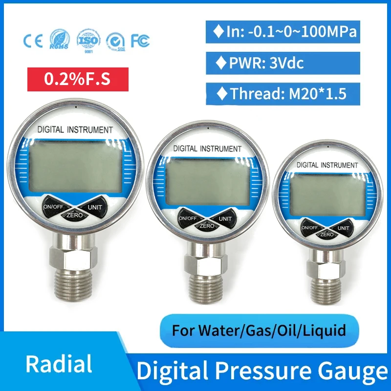 0.2%FS High Accuracy Digital Water Pressure Gauge NPT1/2 G1/4 Digital Pressure Indicator Gage Meter Digital Manometer 0-100MPa