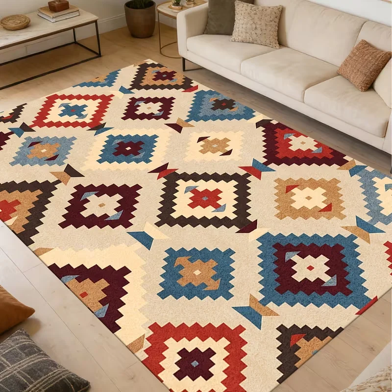 Boho Geometric Square Area Rug Vintage Ethnic Non Slip Soft Floor Carpet Living Room Bedroom Farmhouse Indoor Decor Rug