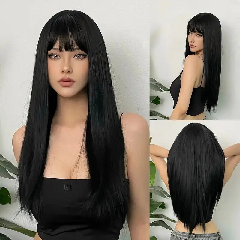 

Black Synthetic Wig, Natural Straight Wig With Bangs, Female Role-Playing, Heat-Resistant Natural Synthetic Fiber Wig