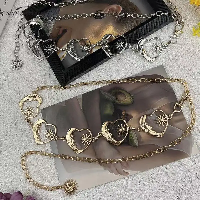 Fashion Harajuku Punk Moon Metal Belts Women Vintage Punk Gothic Moon Sun High Waist Chain Belts Pendant Belt