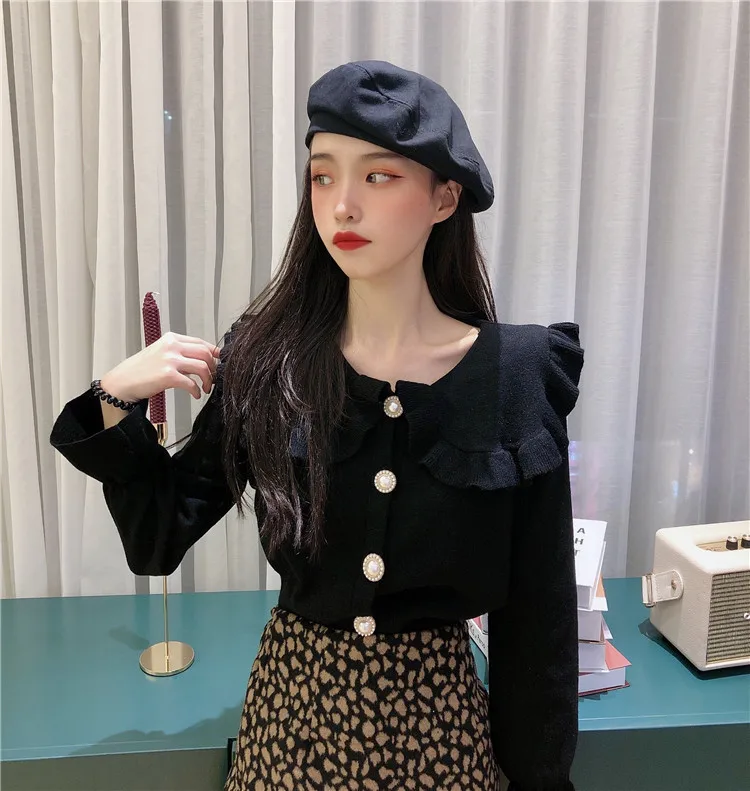 Girls Spring Peter Pan Collar Sweaters Cardigans Lady Single-breasted Full Flare Sleeve Sweet Knitted Outwear Tops for Female