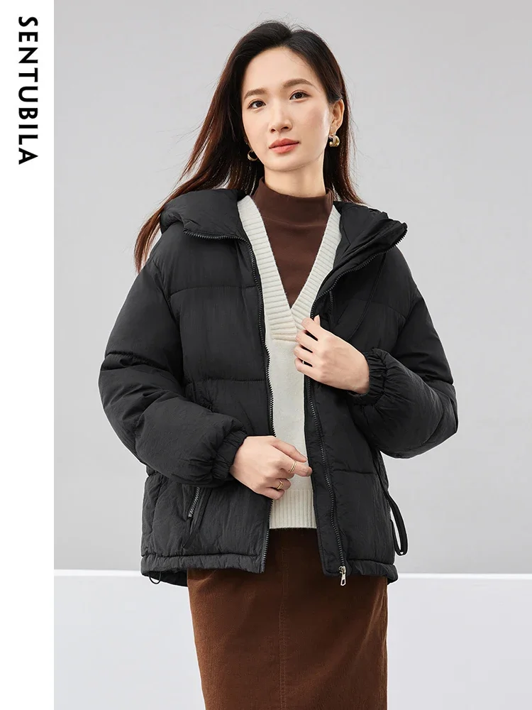 SENTUBILA Thick Warm Hooded Short Parkas Jackets Women 2024 Winter Casual Zipper Crop Padding Jacket Solid Coat Tops W44M58577X