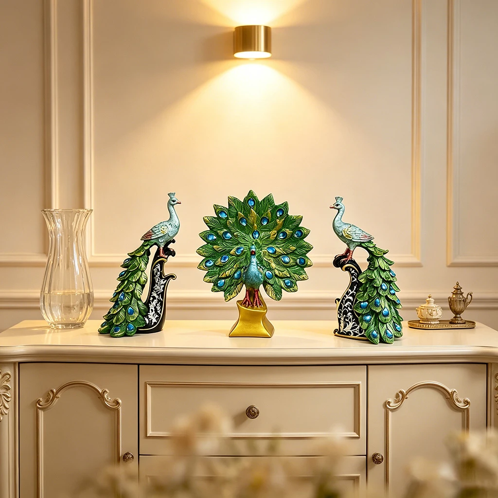 3PCS Peacock Figurine Set Resin Animal Statues Colorful Crystal Feather Sculpture Home Decor Ornaments Living Room Desk Gift
