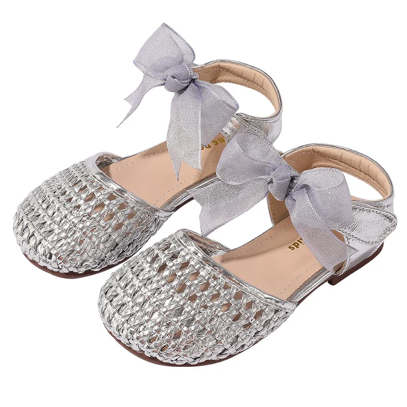 Braided Sandal for Girl Princess Summer Shoe Child Soft Sole Close Toed Butterfly Beach Shoe Kids Casual Shoe Beige Brown Silver