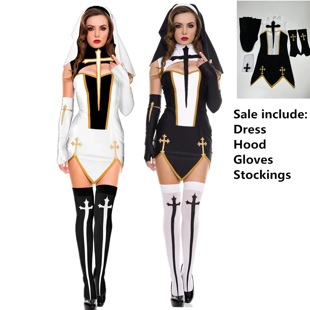 

Halloween Sexy Black And White Cross Nun Dress Virgin Mary Female Priest Cosplay Costume Party Disguise Costume For Adult Women