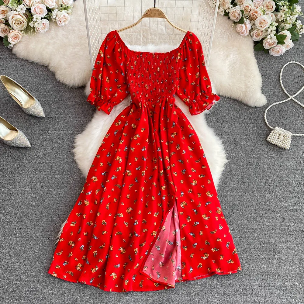 YuooMuoo 2023 New Summer Romantic Floral Print Women Dress Elegant Puff Sleeve Elastic Waist Party Vestidos Vacation Lady Robe