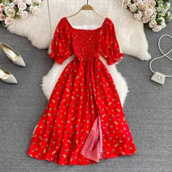 YuooMuoo 2025 New Summer Romantic Floral Print Women Dress Elegant Puff Sleeve Elastic Waist Party Vestidos Vacation Lady Robe