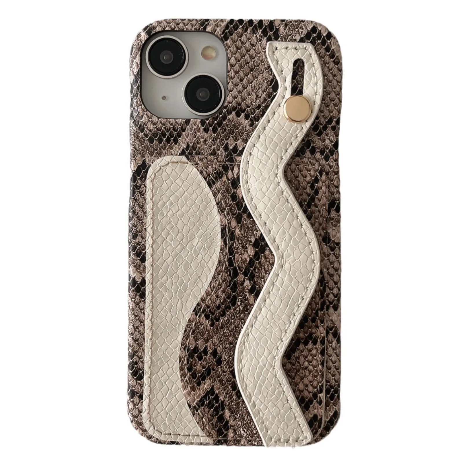 Snake Print Card Pocket Belt Loop Wristband Phone Case For iPhone 16 15 14 13 12 Pro Max Cover