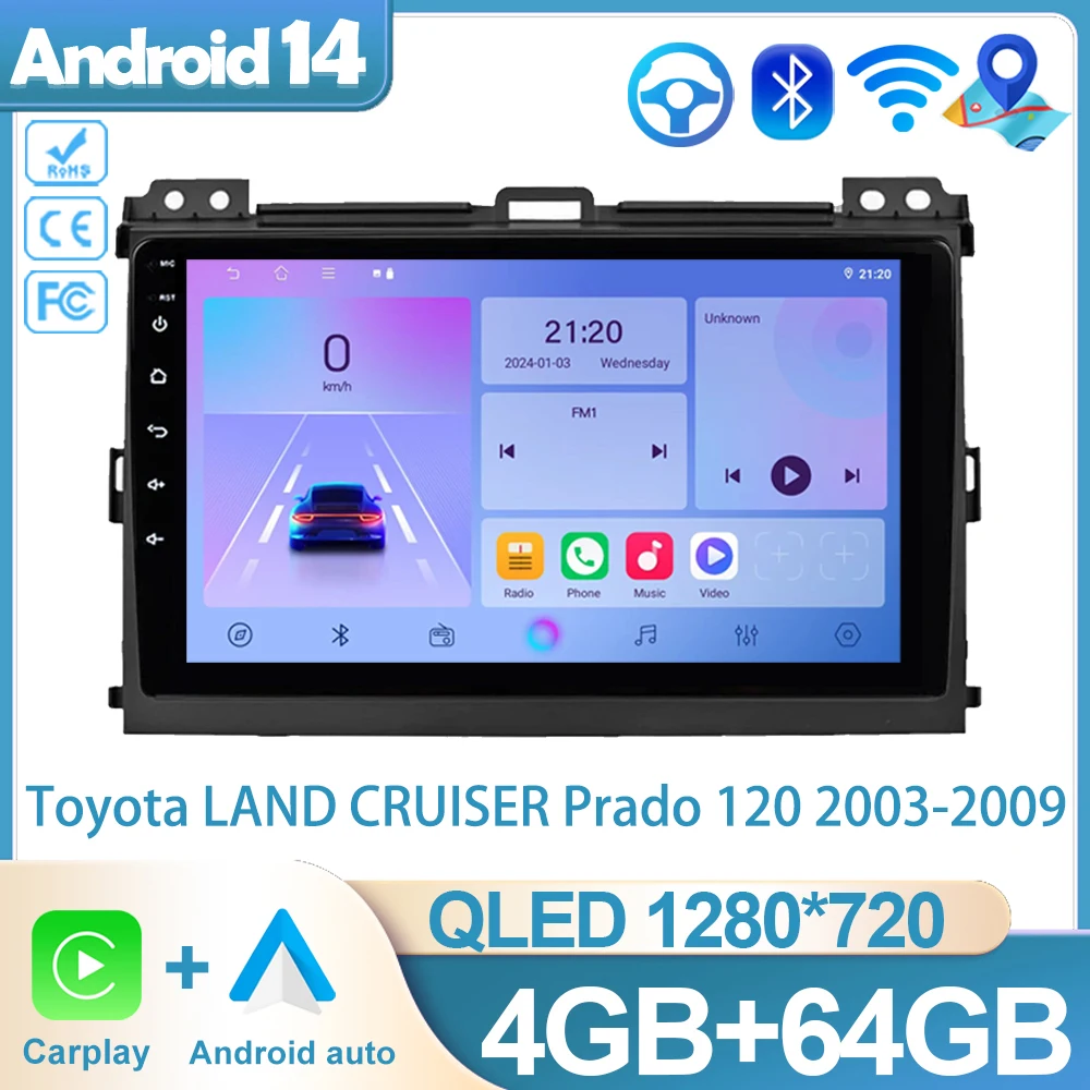 

Android 14 Carplay For Toyota LAND CRUISER Prado 120 2003 - 2009 Auto Radio Multimedia Player Navigation stereo No 2din DVD WIFI