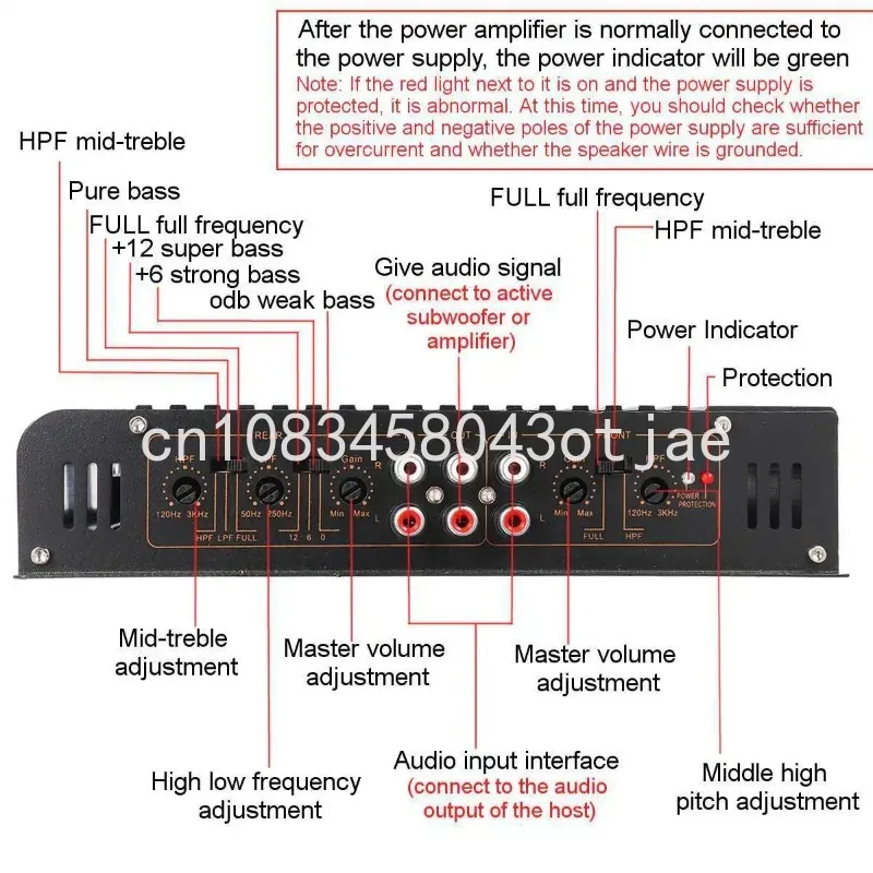 New car audio amplifier, high-power aluminum alloy sound system, 12V in car four channel amplifier, 4-channel