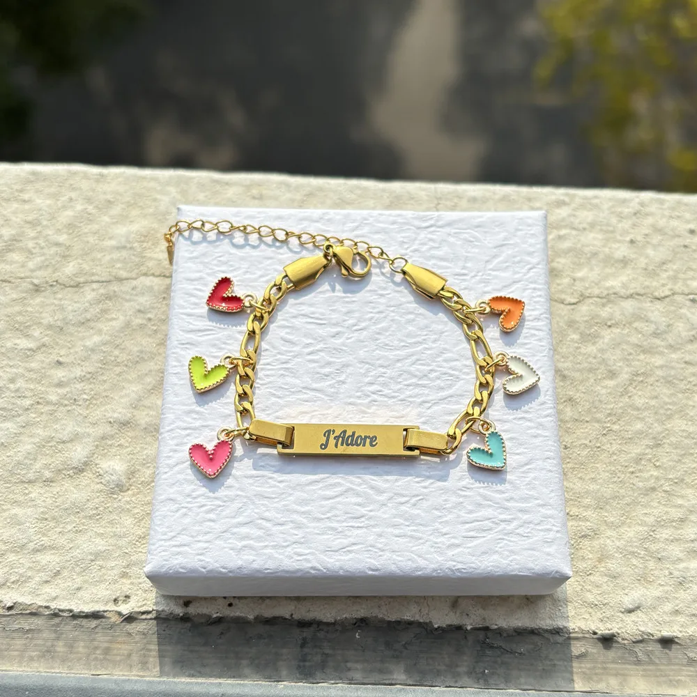 Lulu's Colorful Enamel Heart Custom Name Bracelet For Girl Stainless steel Laser Lettering Cute Bracelet Gift