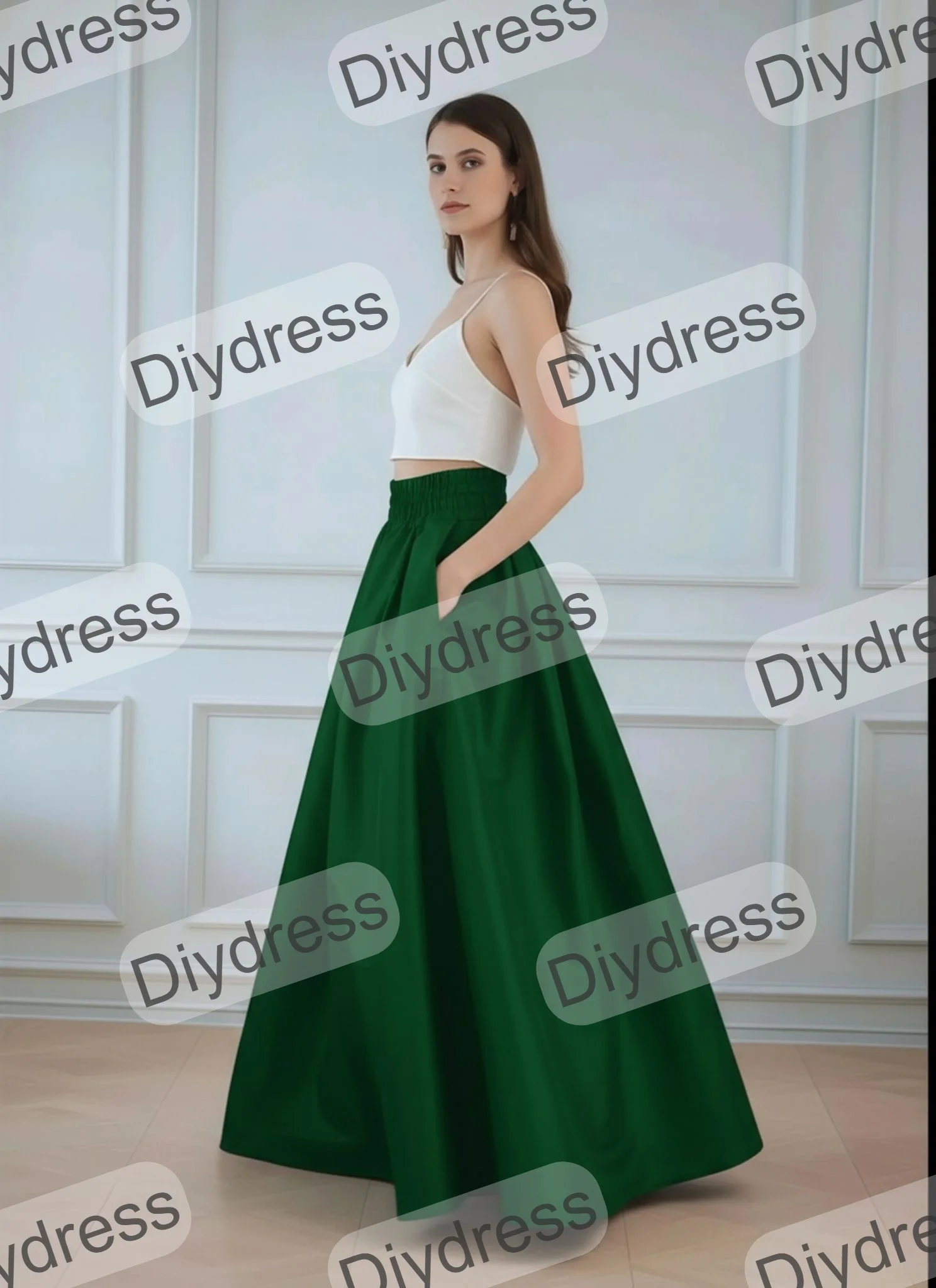 Women’s Long High Waist Pleatd Maxi Taffeta Prom Party Skirt A-Line Elastic Waist Taffeta Skirts with Pockets
