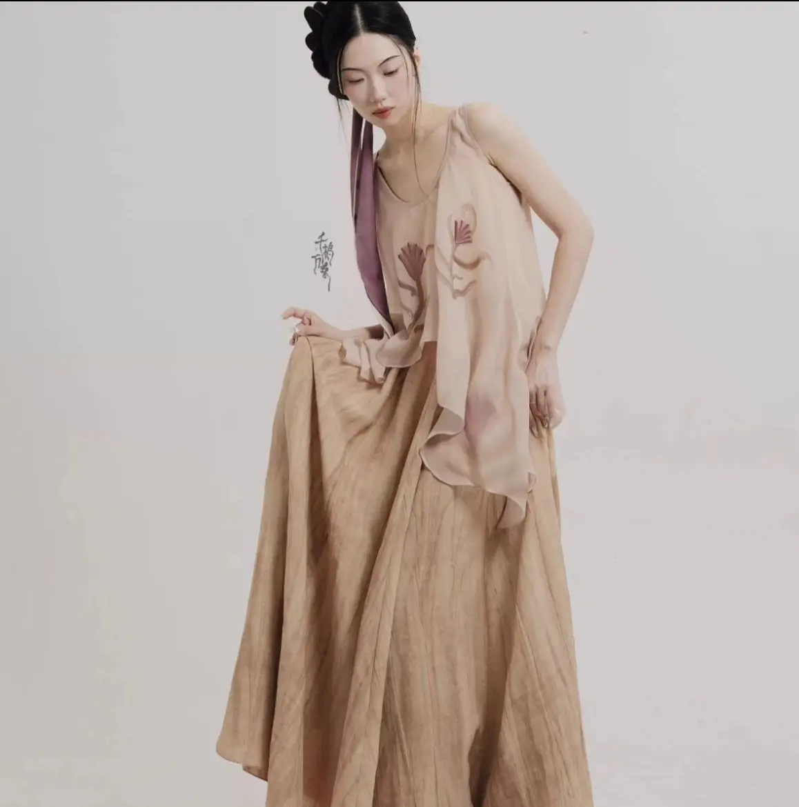 Classical Dance Daily New Chinese-style Camisole Backless Skirt Cotton Linen Zen-style Butterfly Style Women Classical Dress