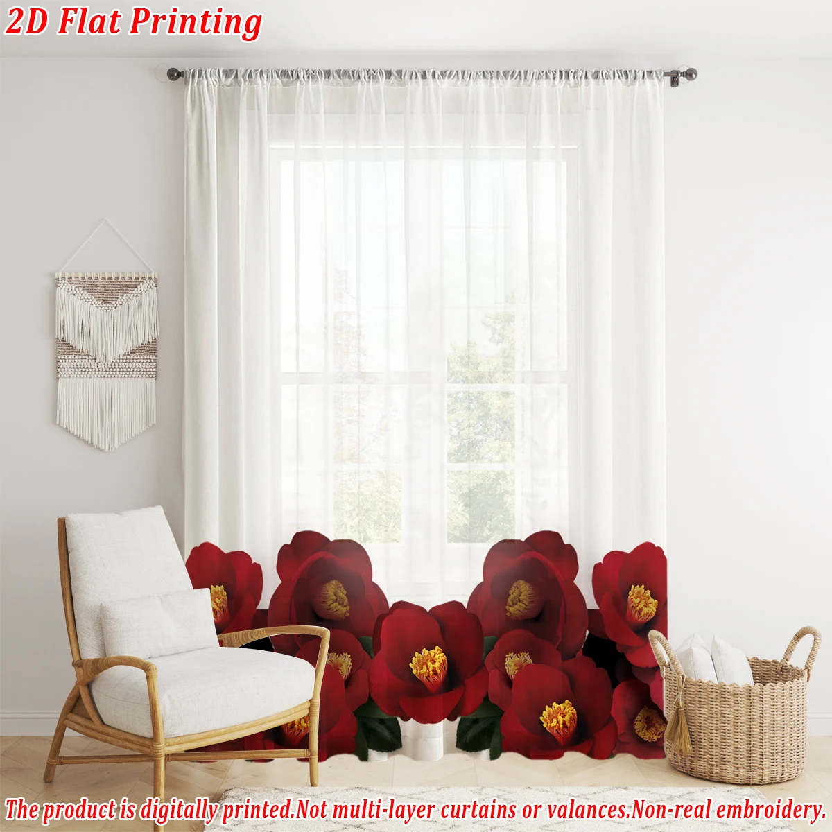 ستارة شفافة بطباعة مسطحة من كاميليا سينينسيس باللون الأحمر، قماش خفيف، لغرفة المعيشة وغرفة النوم وديكور المنزل والنافذة