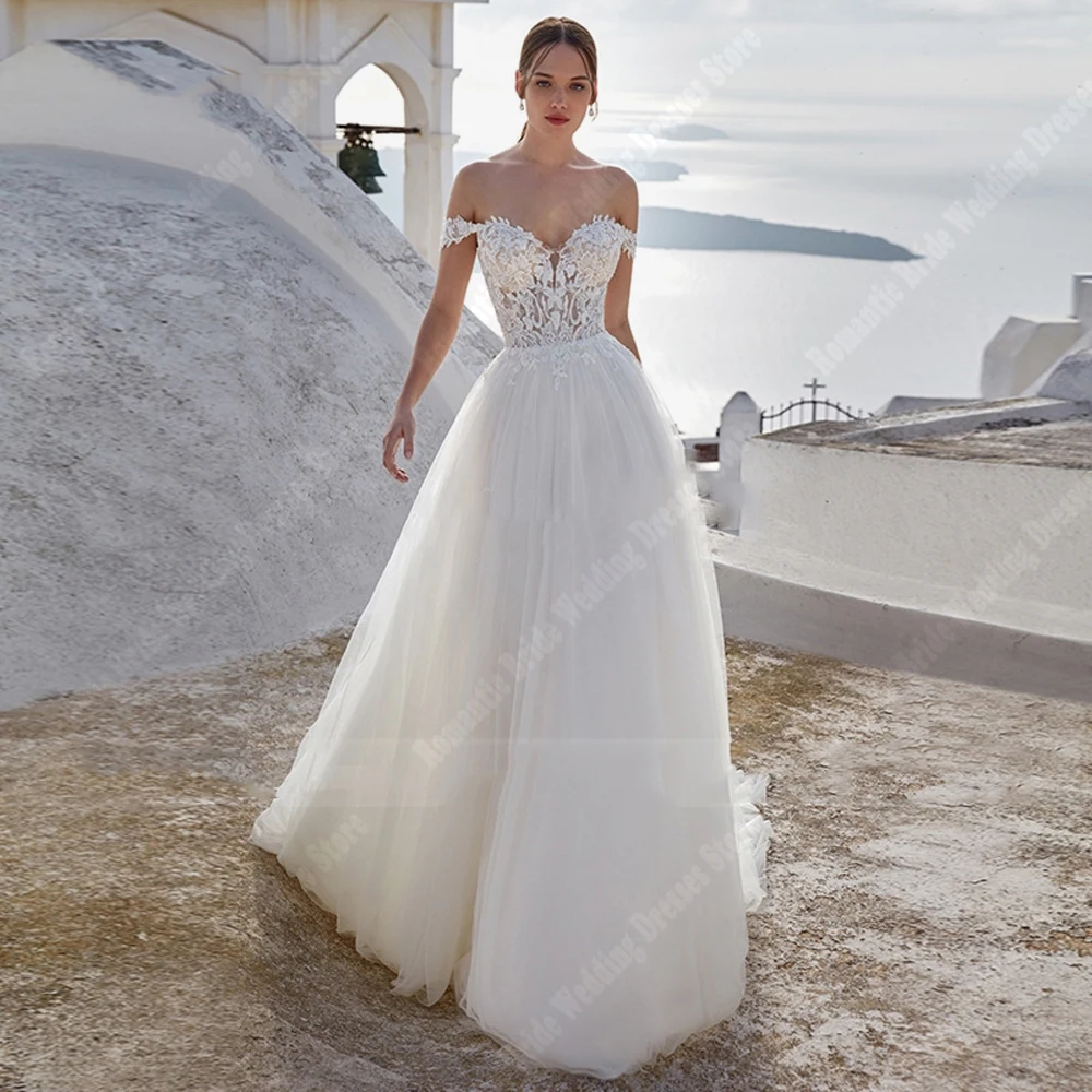 

Off The Shoulder V-Neck Women Wedding Dresses Bright Tulle Bridal Gowns Mopping Length Sleeveless Vestidos De Novias Customized