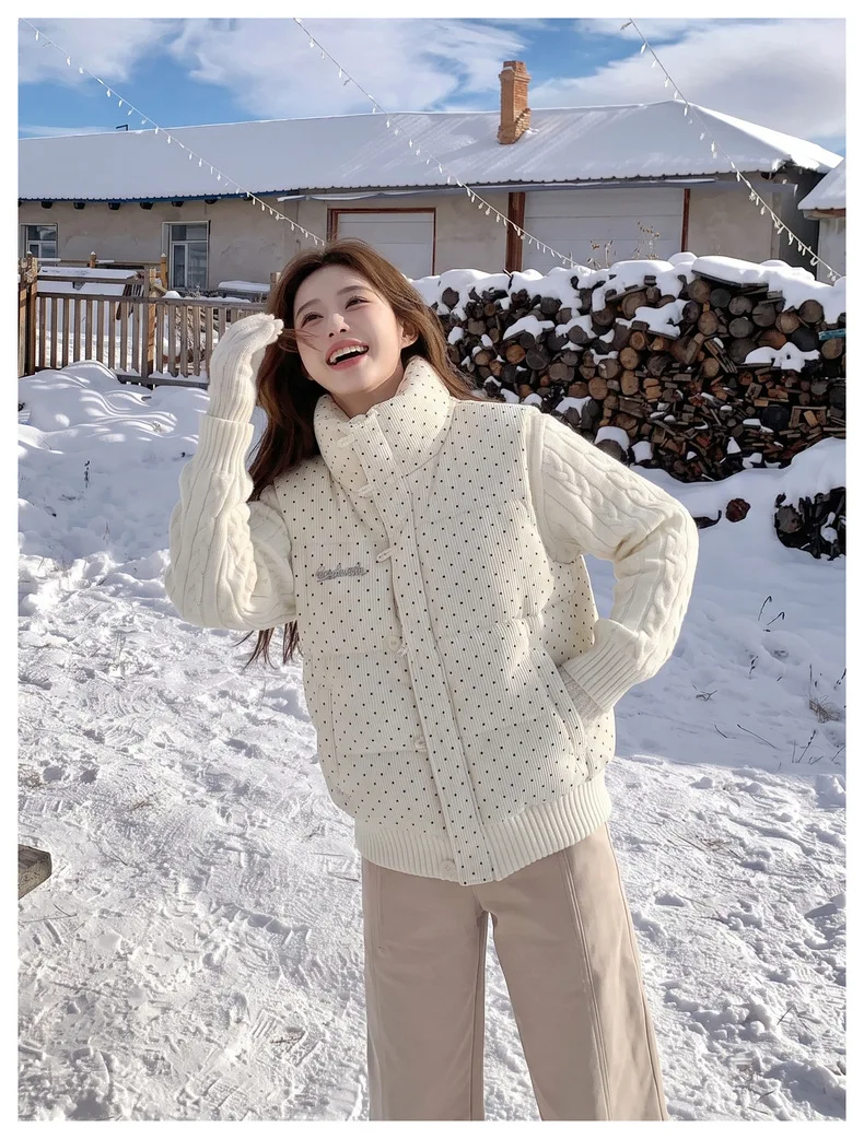 Korean Polka Dot Knit Patchwork Corduroy Cotton Jacket for Women Winter Sweet Thick Puffer Jackets Woman Stand Collar Y2K Parkas
