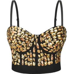 Gold Sexy Rock Punk Bra Strap Push Up Bralette Spike Rivet Dance Bra Metallic Punk Style Nightclub Wear Bra Plus Size Corset