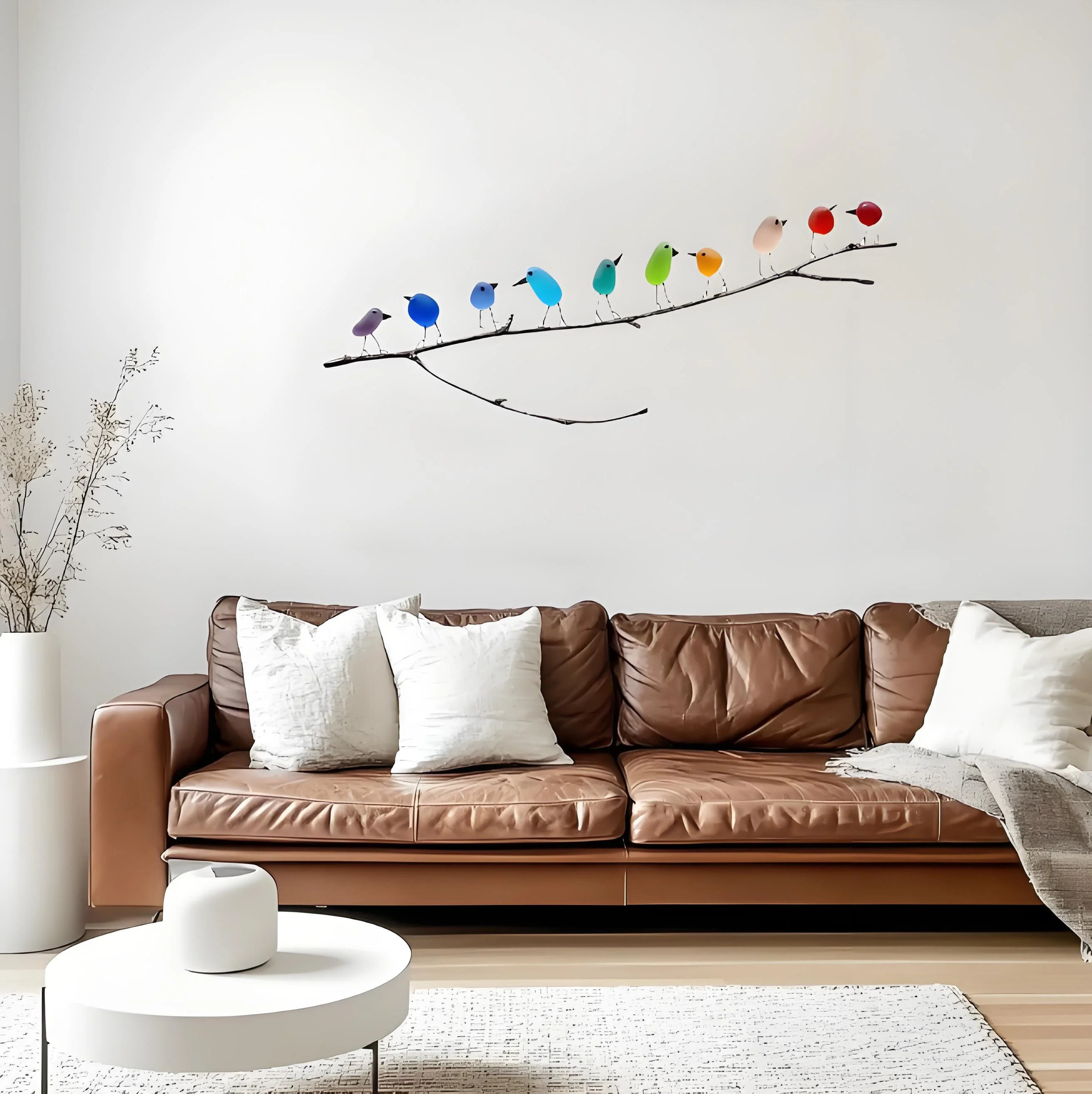 Arte de pared de cristal de mar hecho a mano | Decoración sin marco de rama de pájaro arcoíris | Acento casero único y idea de regalo significativa