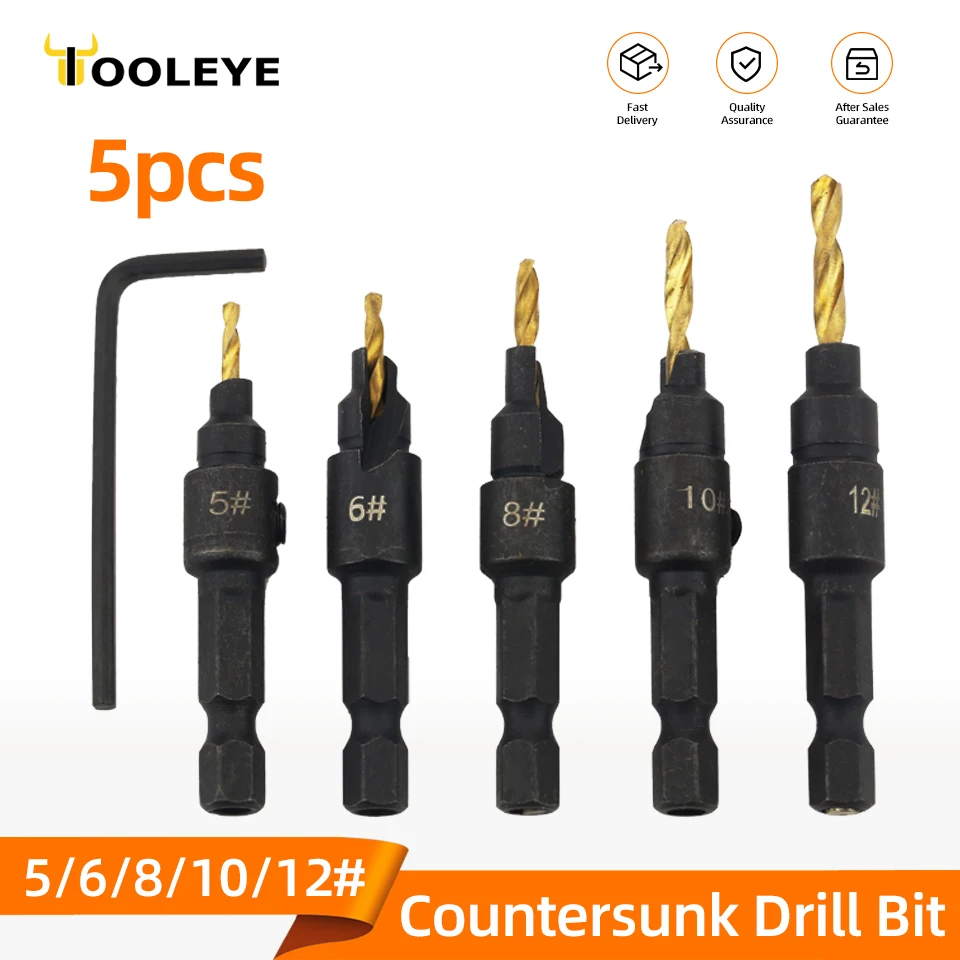 5pcs HSS Countersink Drill Bit Set Woodworking Tools Chamfering Tool Drilling Pilot Holes Metal Counterbore Cutter Hole Drills