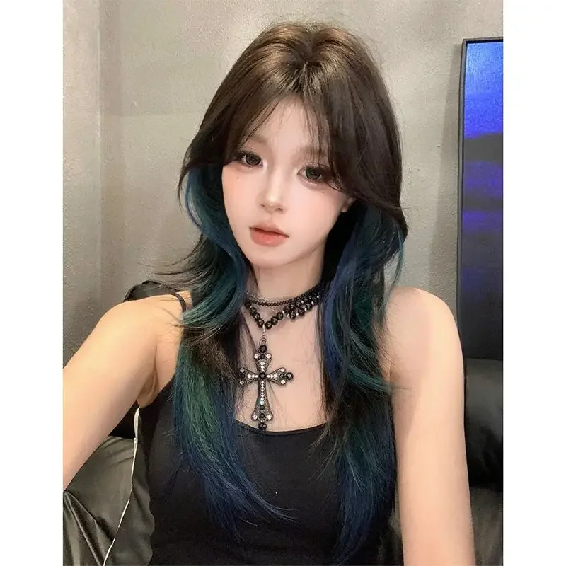 Peluca femenina de alto nivel, pelo medio y largo, algas marinas, cambio gradual verde, reflejos, cubierta completa para la cabeza, flequillo de ocho caracteres dulce