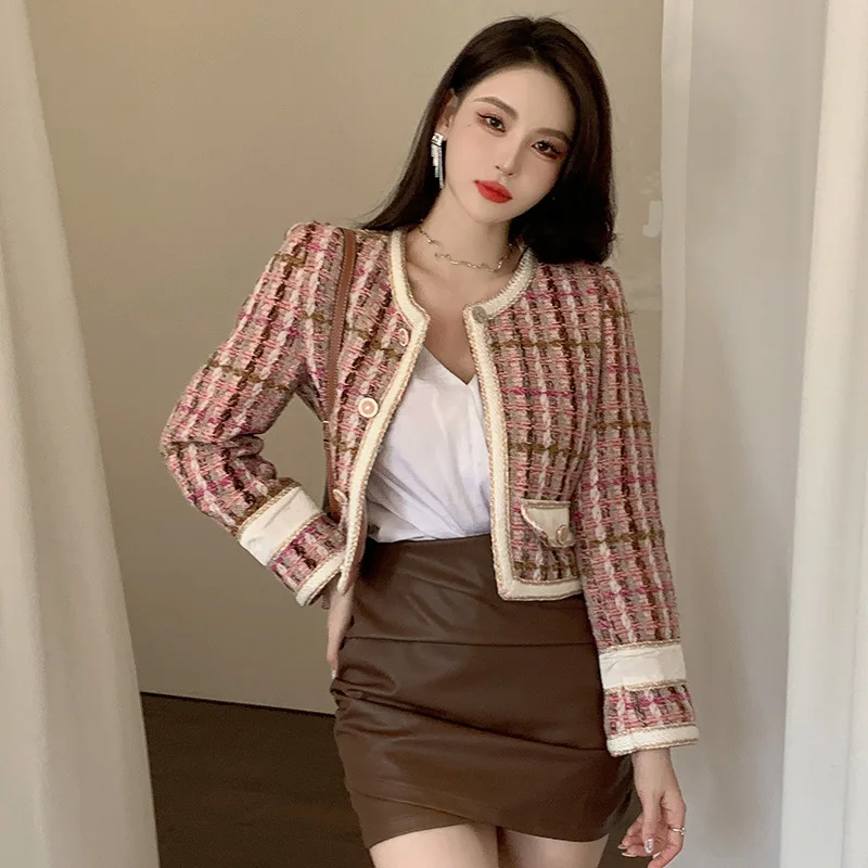 

2022 Autumn Winter New Pink Plaid O-Neck Tweed Suit Jacket Women Short Female Sweet Blazers