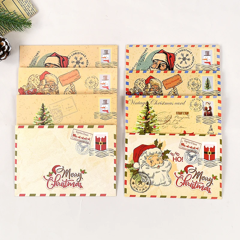 

5Pcs Christmas Greeting Card Vintage Kraft Paper Postcard Santa Claus Stamp Cards With Envelopes Xmas New Year Party Gift Card