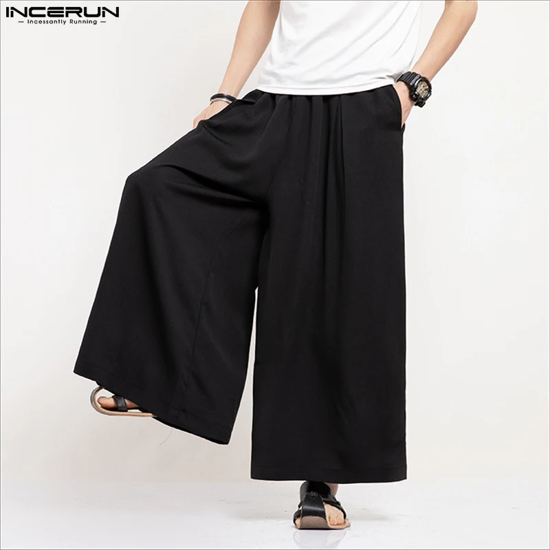 INCERUN Men Wide Leg Pants Solid Color Loose Joggers Elastic Waist Trousers Men Streetwear Vintage 2024 Casual Long Pants S-5XL