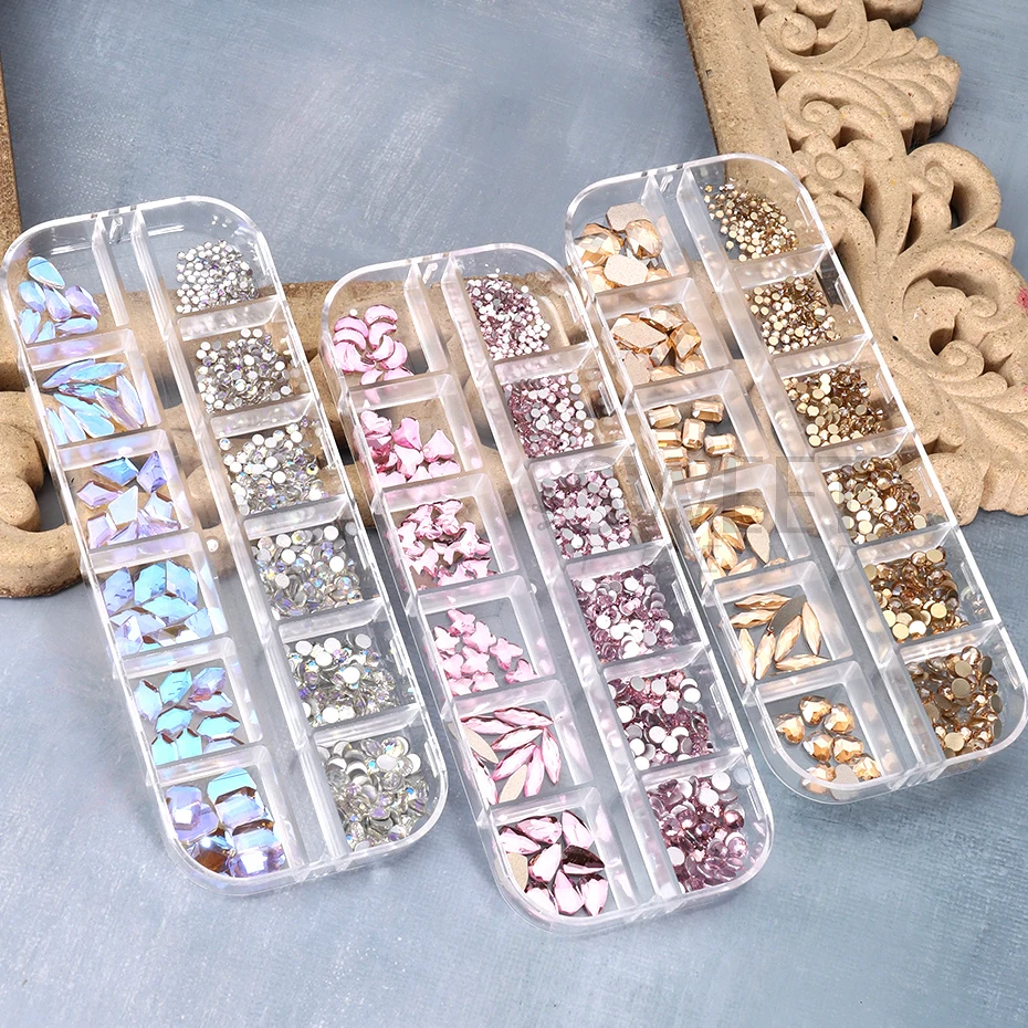 Strass champanhe para unhas, pedras misturadas com parte traseira lisa, cristal irregular, amuletos 3d, joias, acessórios de diamante brilhante, peças de decoração