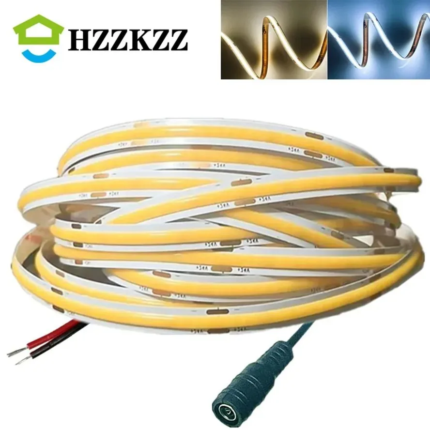 Taśma LED COB 12V 24V Ultra cienka taśma 8MM z wtyczką DC / 2-pinowy przewód Ściemnialne oświetlenie liniowe Dekoracja lampy o wysokiej gęstości