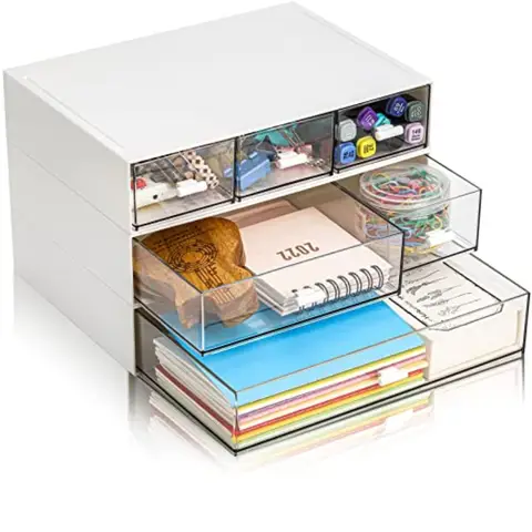 3 Tier Small Desk Organizer with Drawer Stackable Desktop Storage Box Portable Size Office Supplies Jewelry Storage Case Makeup