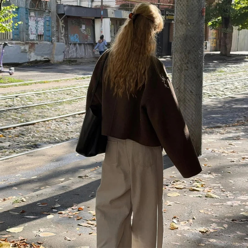 Übergroße Kurze Wolljacken für Damen mit Revers, Langen Ärmeln, Reißverschlusstaschen, Einfarbig, Locker Geschnitten, Schicke Herbst-Neuheiten Oberbekleidung – Detail 14