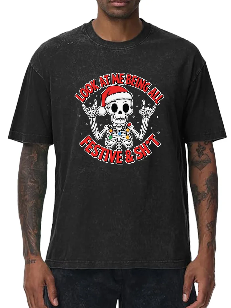 

Look at Me Being All 230g Heavy Cotton Washed Oversized T-Shirt for Men Christmas Graphic Tee Retro Casual Top