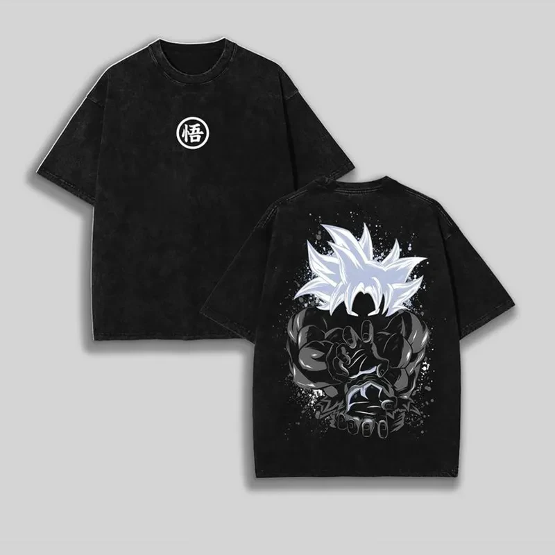 Goku Ultra Instinct T-Shirt für Herren Acid Wash Übergroßes Anime-T-Shirt mit Silberhaar-Motiv aus Baumwolle Vintage Gym Streetwear Splatter-Grafik auf der Rückseite