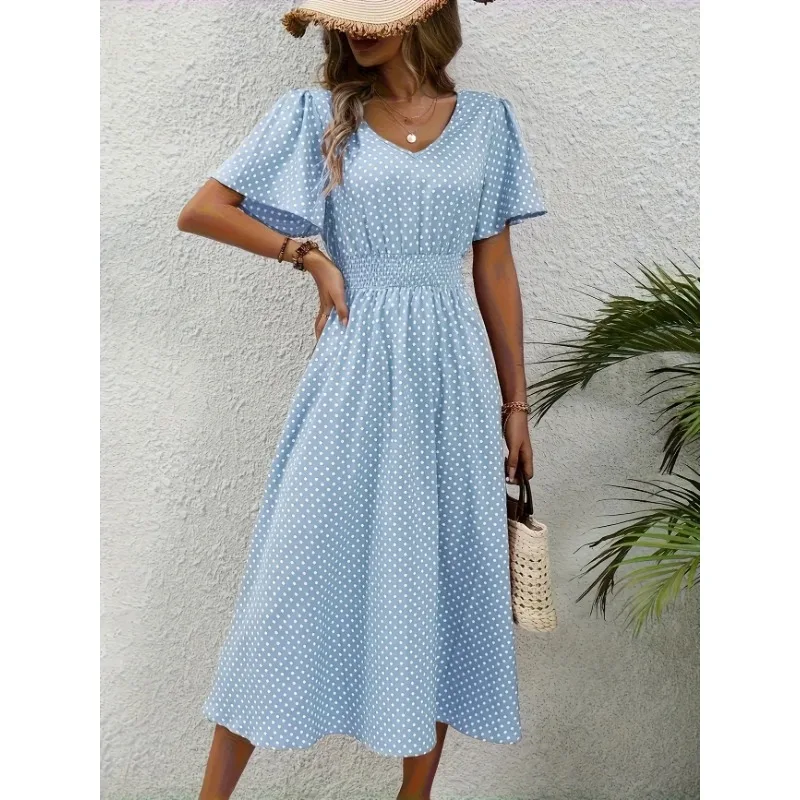 Plus Size 1XL-5XL New Womens Summer V Neck Maxi Dress Short Sleeve Dress Trendy Ruffle Hem A-Line Dresses