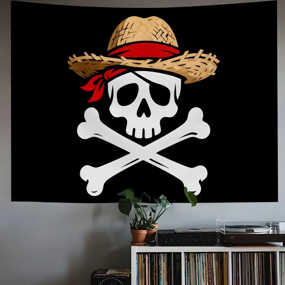 Tapiz de Pared con Diseño de Sombrero de Paja, Calavera Pirata y Bandera, Decoración Bohemia para Dormitorio, Sala de Estar, Fiesta, con Clip Incluido