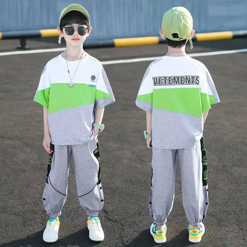 

Boys Summer Sports Set 2023 New Childrens Pure Cotton Short Sleeve Middle and Big Boys Korean Style Two Piece Set Kids Outfits