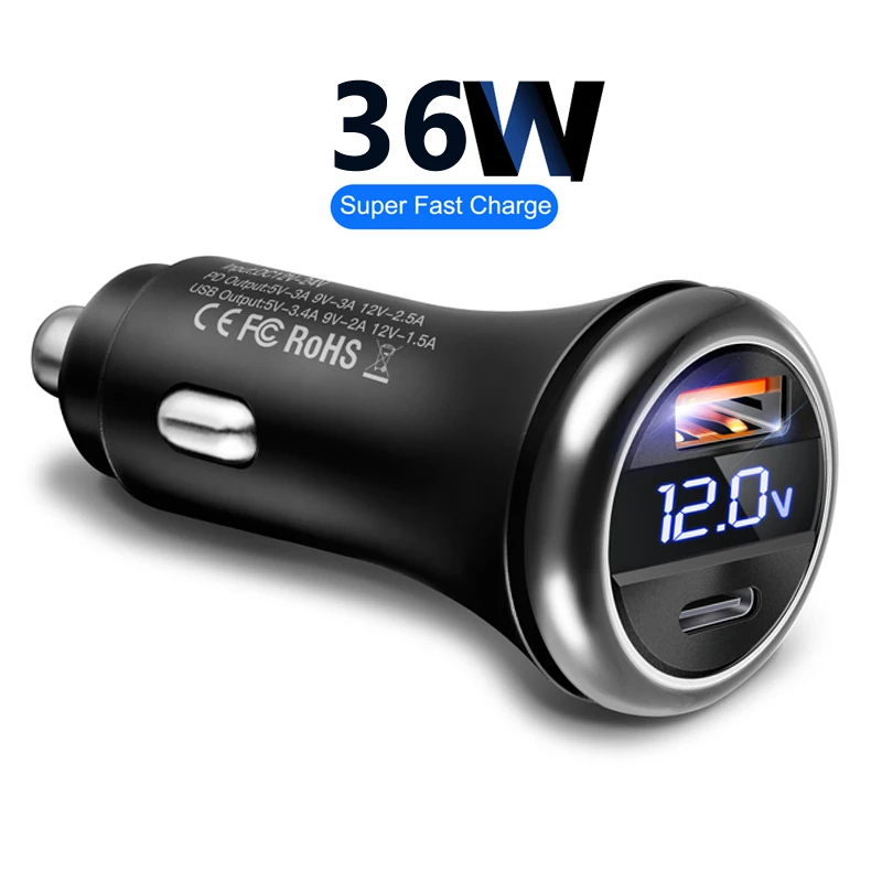 

Car Charger Dual USB Ports 36W Super Fast Charging with Digital Display Quick Charging Adapter for IPhone Samsung Xiaomi