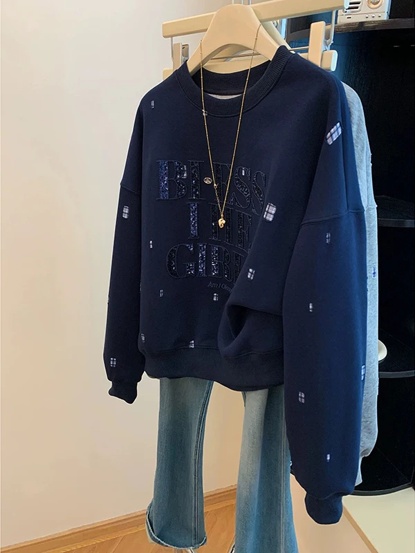 Extra grande tamanho longo sve bordado lantejoulas carta moletom feminino solto casual coreano sle topo para plus size