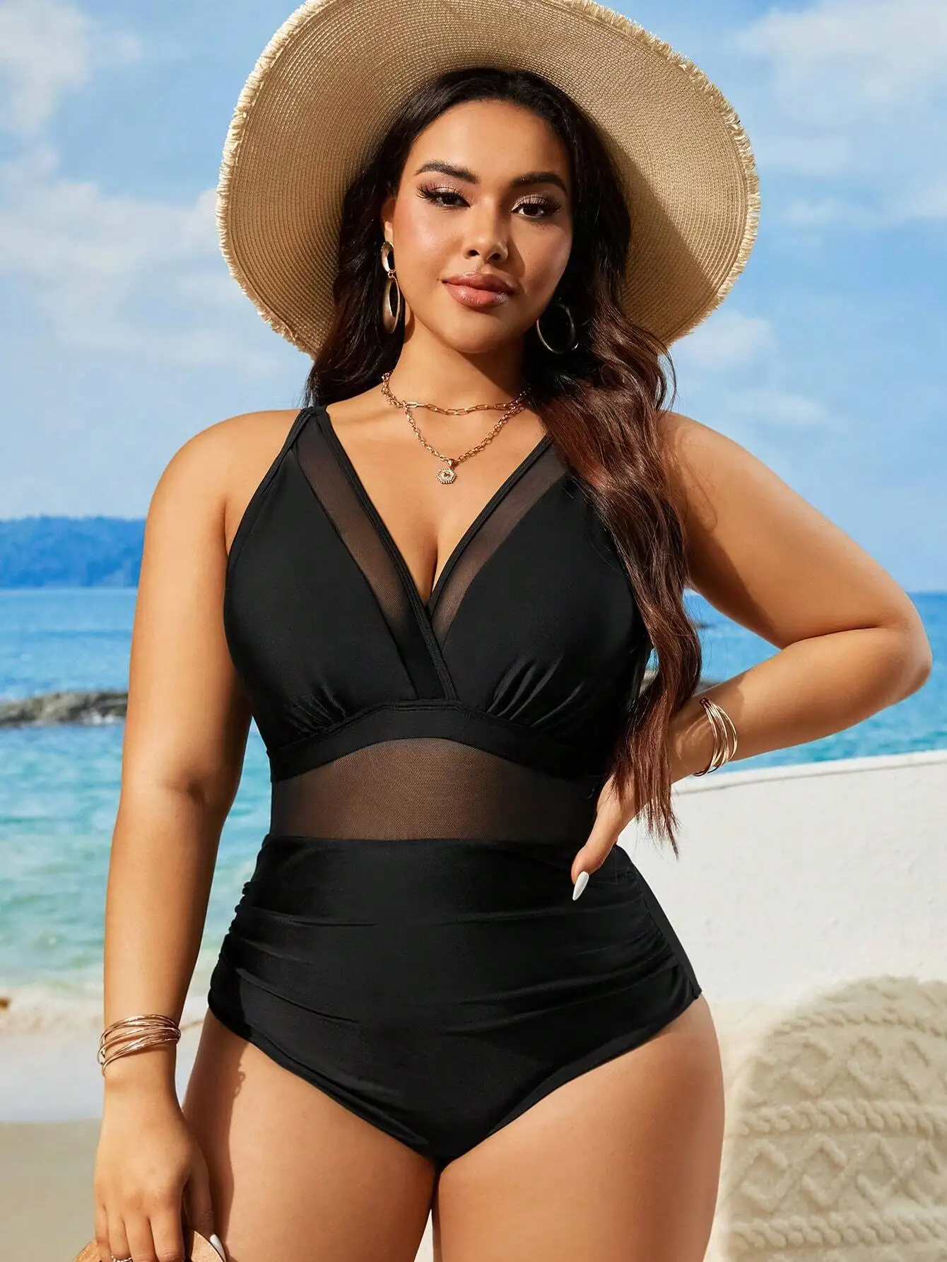 Black Plus Size High-Waisted One Piece Swimsuit With Sheer Mesh Insert And V-Neck Design For Full Coverage Beach Wear