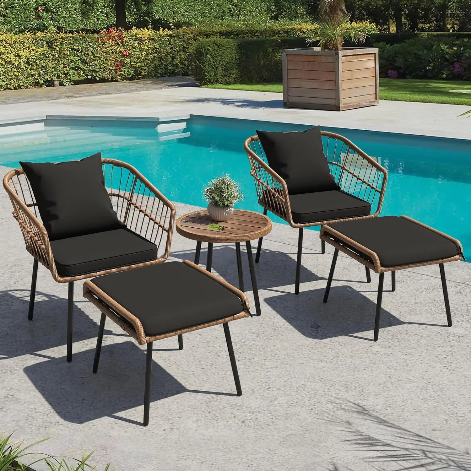 Outdoor Wicker Furniture Set, All-weather Patio Bistro Set with Footrest, Small Patio Conversation Set for Balcony Outside