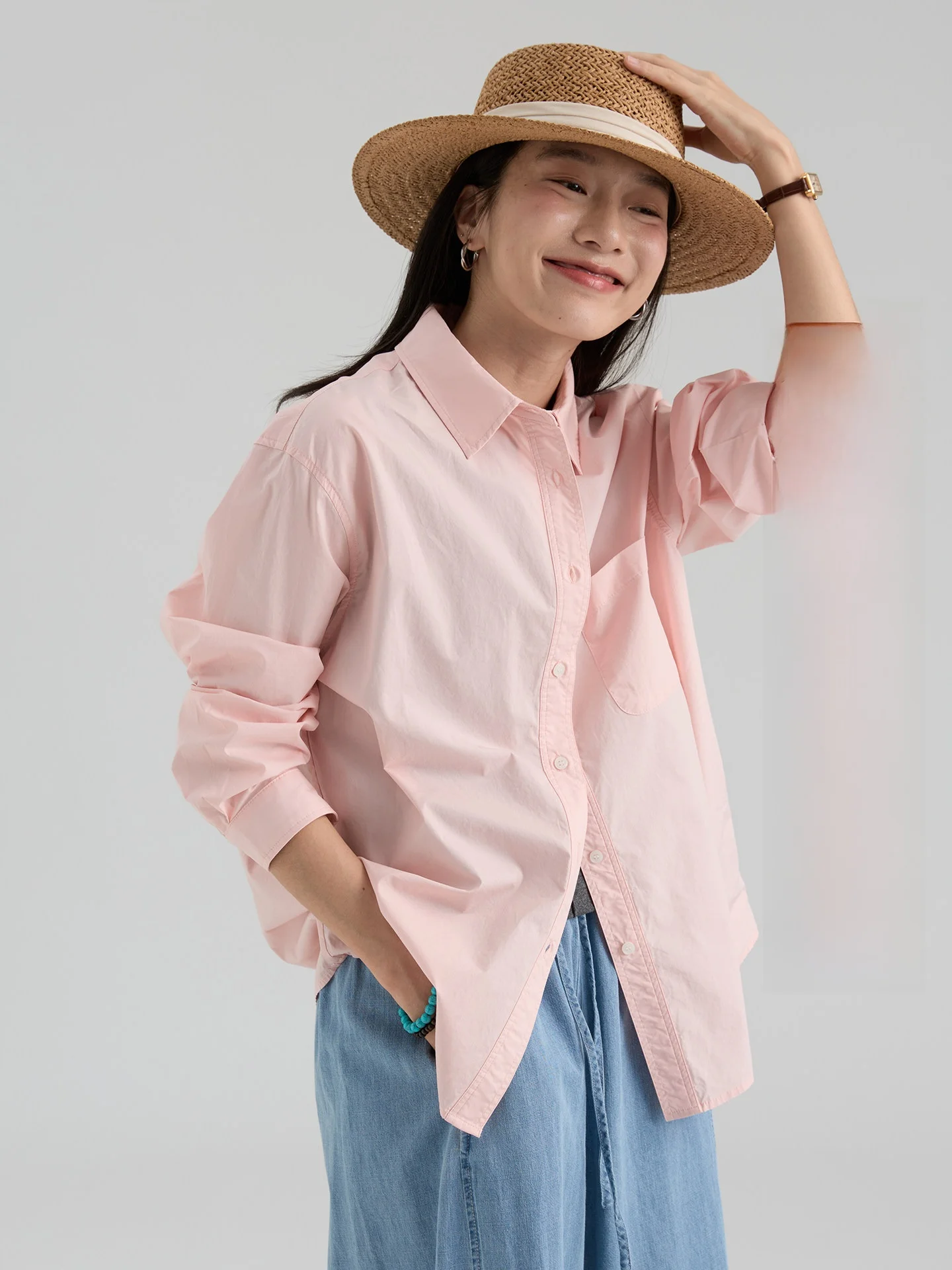 

Spring New Long Sve Cotton irt Women Loose Single ket Design Pure Color Korean Sle Straight Cut Pure Cotton Blouse