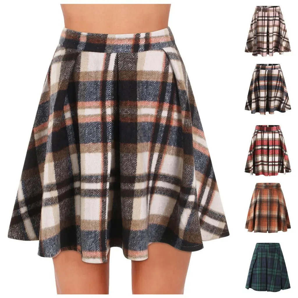 

Women's Casual Retro Plaid Woolen Skirt Color-Matching Pleated Mini Skirt for Autumn Fashion from Europe And America