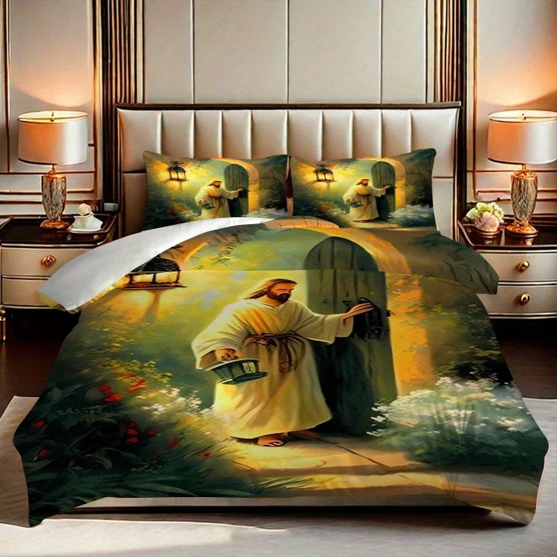 2/3pcs Jesus Christ Prayer Printed Quilt Cover Set, HD Digital Printed Quilt Cover Set Contains Quilt Cover and Pillowcases