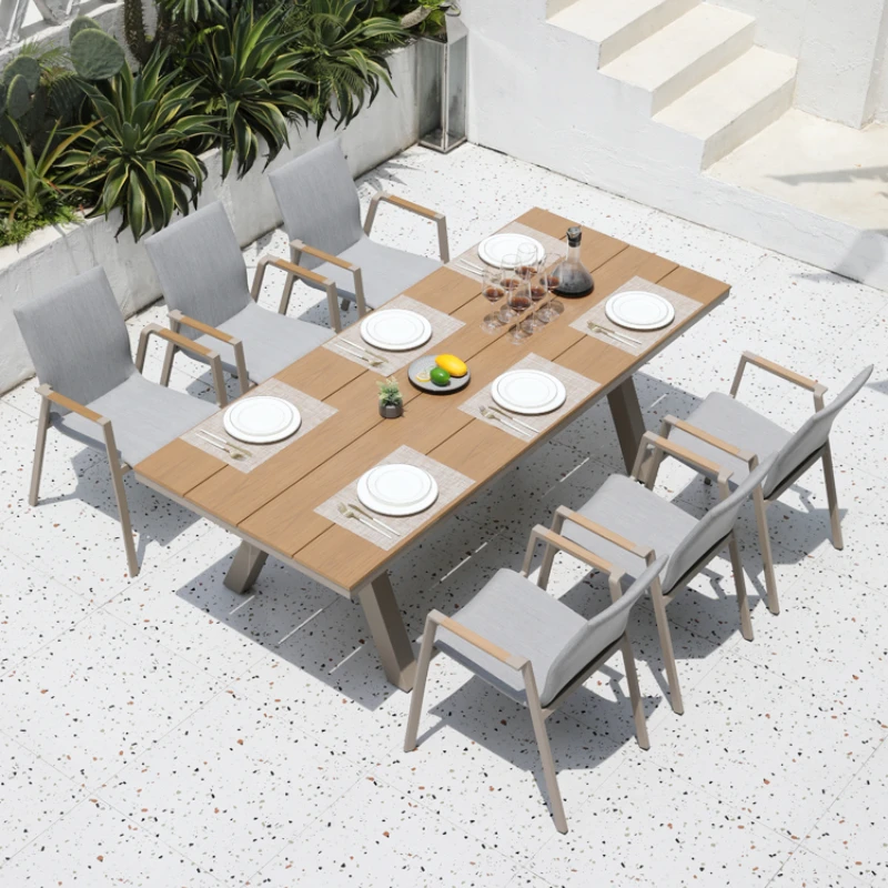 Outdoor table and chair courtyard plastic wood dining table open-air large long table outdoor garden yard terrace