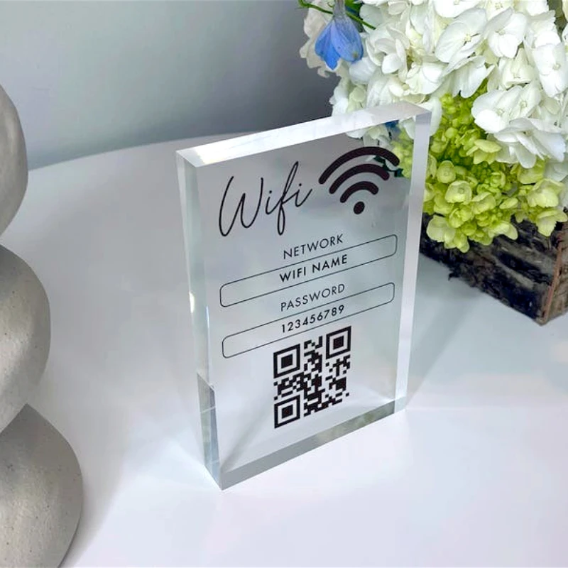 لوحة كتلة أكريليك واي فاي مع معلومات كلمة المرور ورمز الاستجابة السريعة مكتب مقهى متجر الإنترنت ضيف واي فاي كلمة المرور كتلة واي فاي