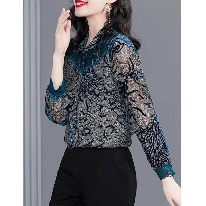 Autumn Vintage Printed Elegant Chic Sexy Lace Patchwork Office Lady Button Up Shirt High Quality Fashion Blouse Top Women Blusas